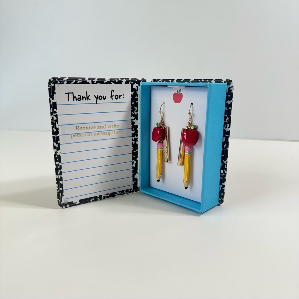 Betsey Johnson Back to School NotebkGold Tone Ruler Pencil W/Apple Earrings NIB